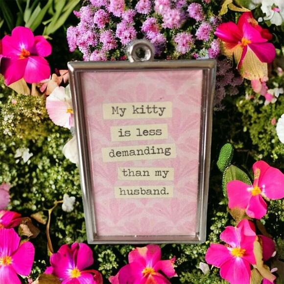 New Silver Cat Woman My Kitty is Less Demanding Than My Husband Vtg Face Charm - Picture 2 of 2